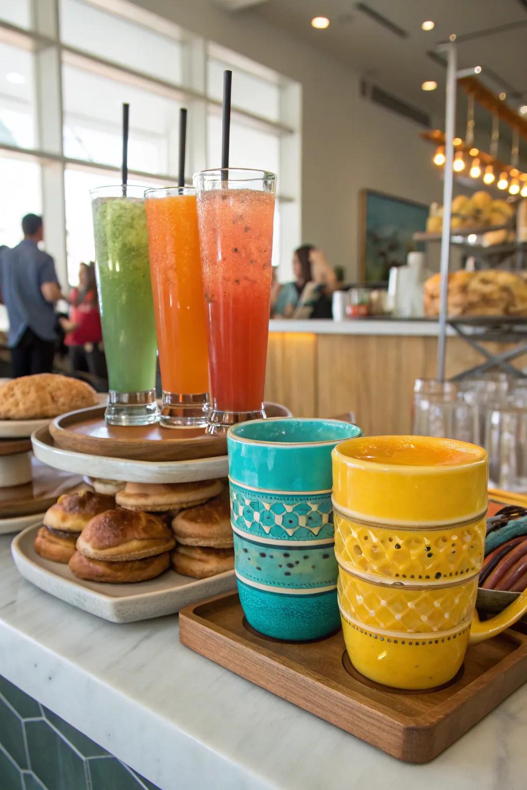 A selection of beverages complements your bagel bar, refreshing and completing the experience.