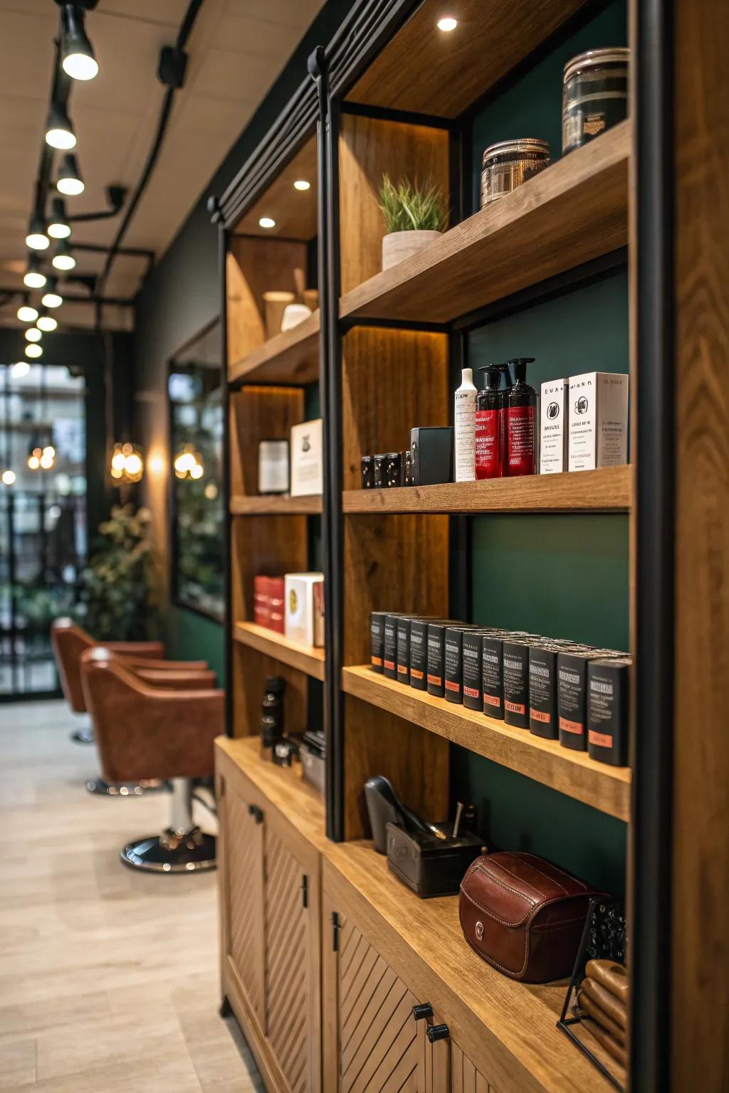 Organize and display your products with chic shelving that enhances your shop's decor.