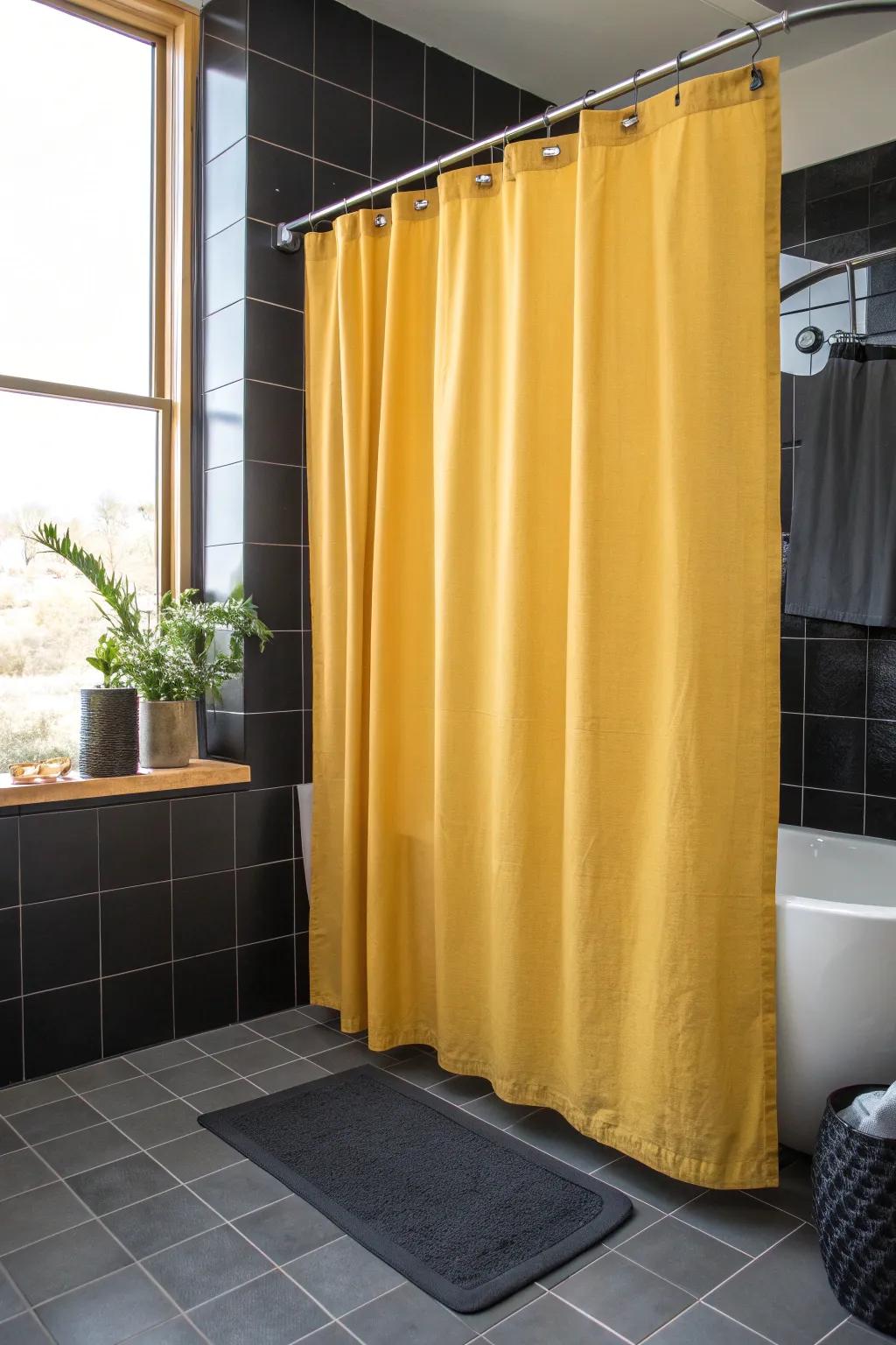 A yellow shower curtain brightens up the space, creating a fresh look against dark tiles.