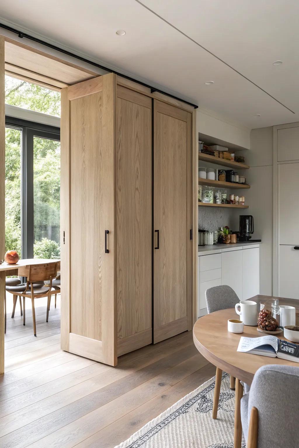 A hidden coffee pantry keeps your space tidy and functional, perfect for minimalist designs.