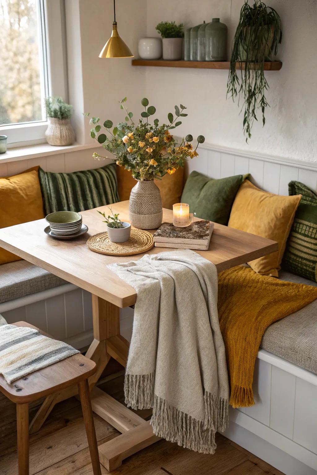 Layer textiles for a cozy and stylish kitchen nook.