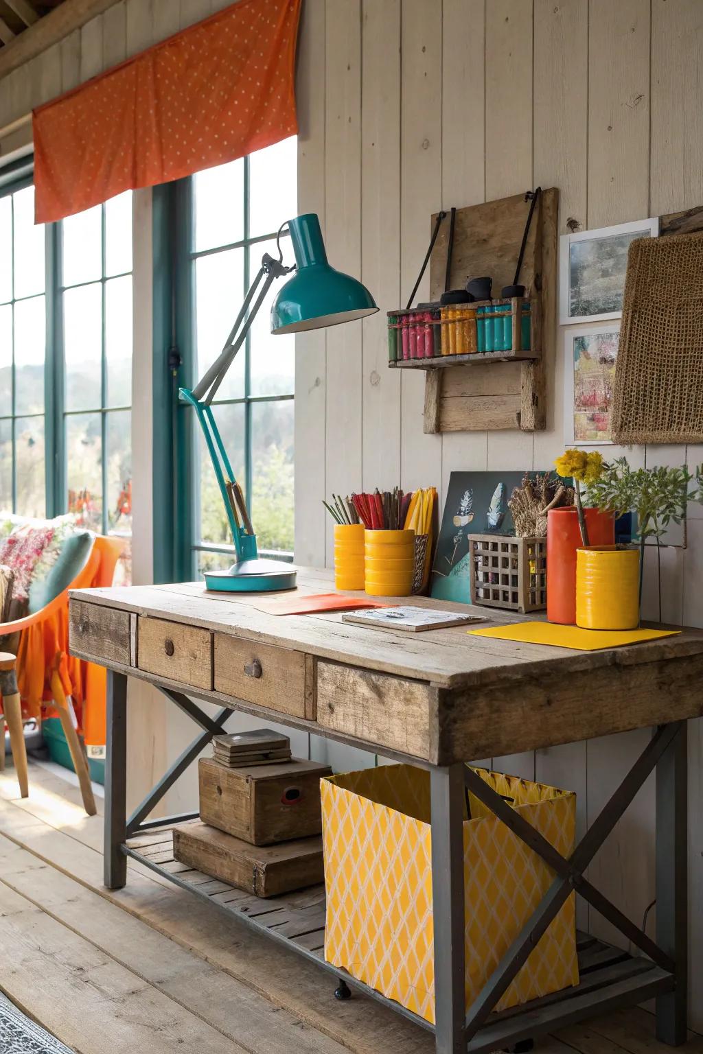 A perfect blend of modern and rustic creates a captivating workspace.