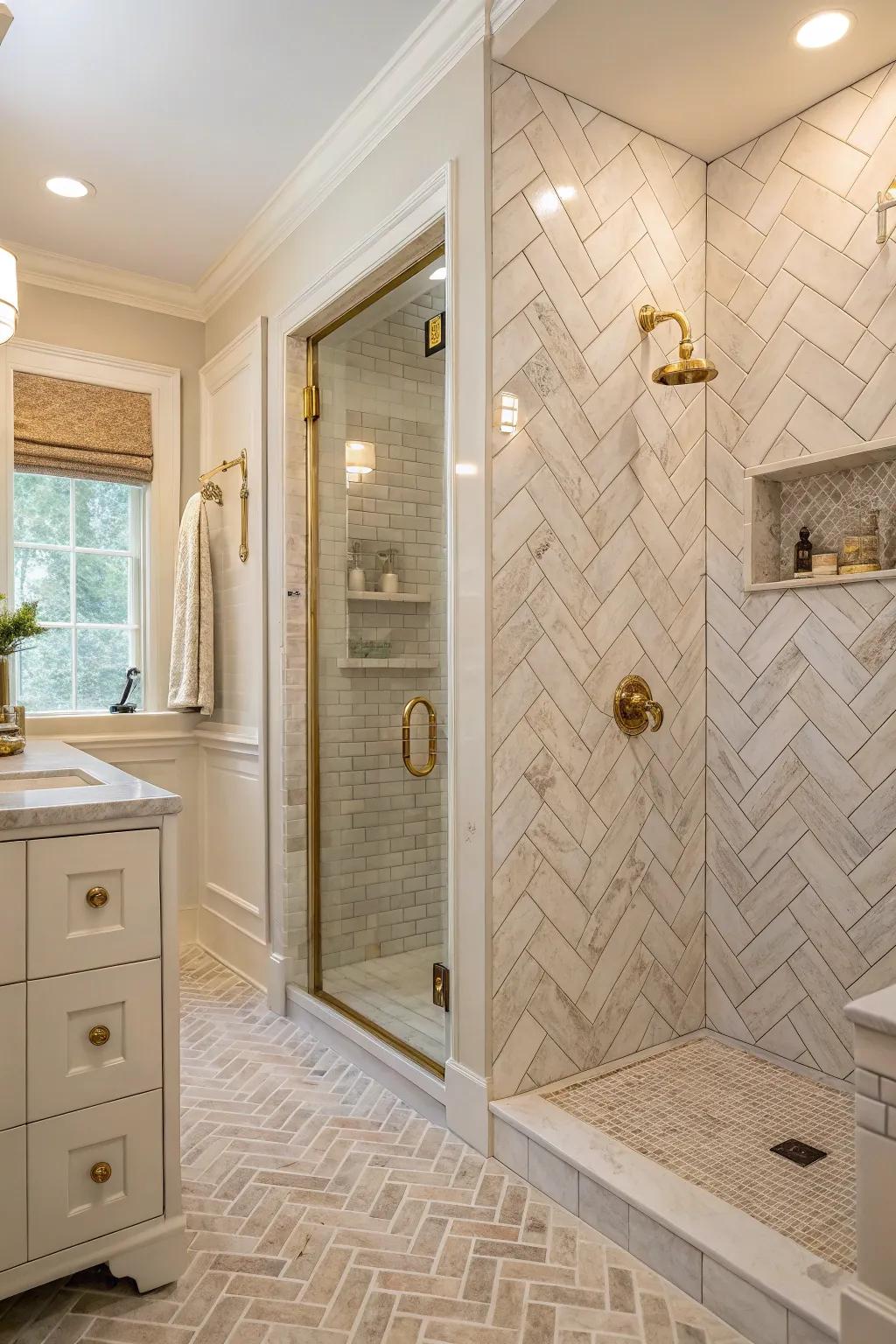 Achieve timeless elegance with the stunning combo of herringbone tiles and gold accents. 👑✨ #ElegantDesign #LuxuryLiving #BathroomStyle