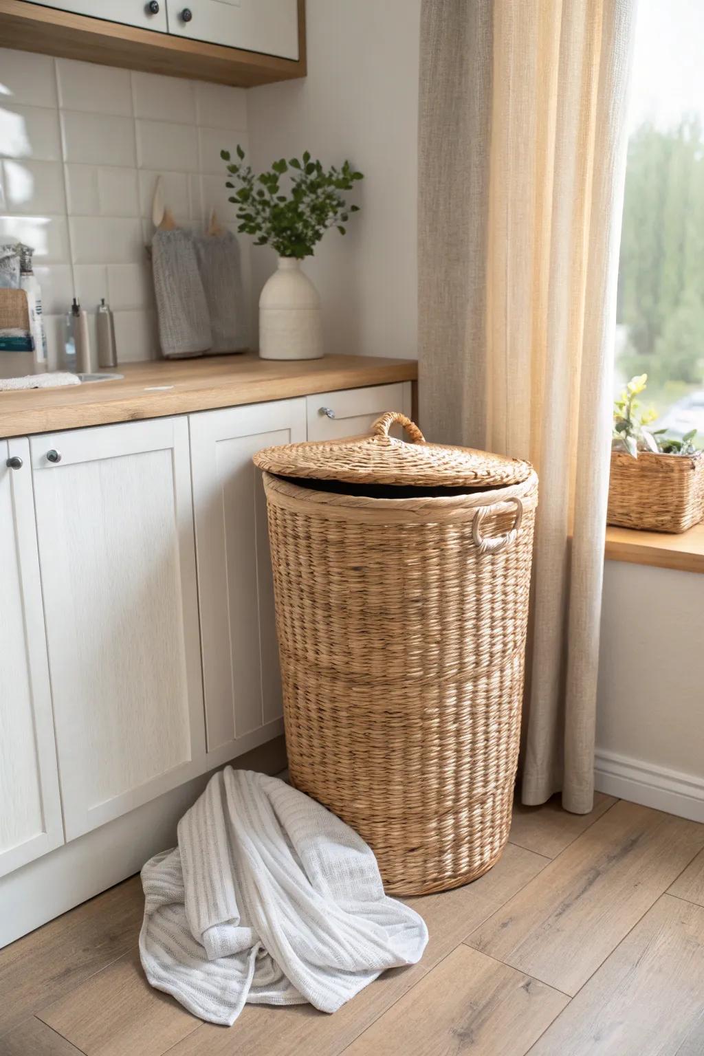 Repurposed laundry hampers elegantly disguise your kitchen trash.