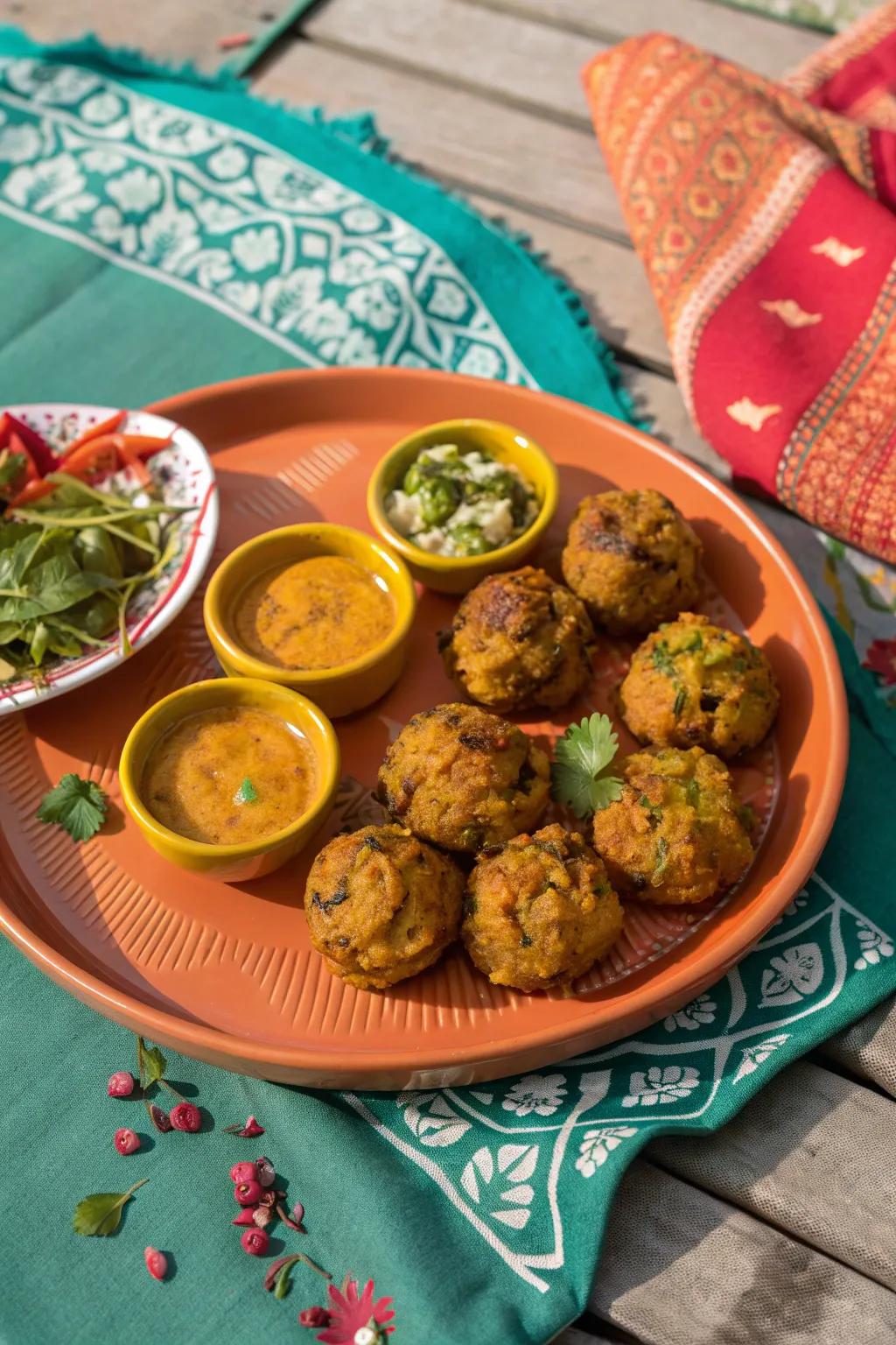 Delight in the crispy exterior and soft interior of vegetable pakoras, a must-have on any board.