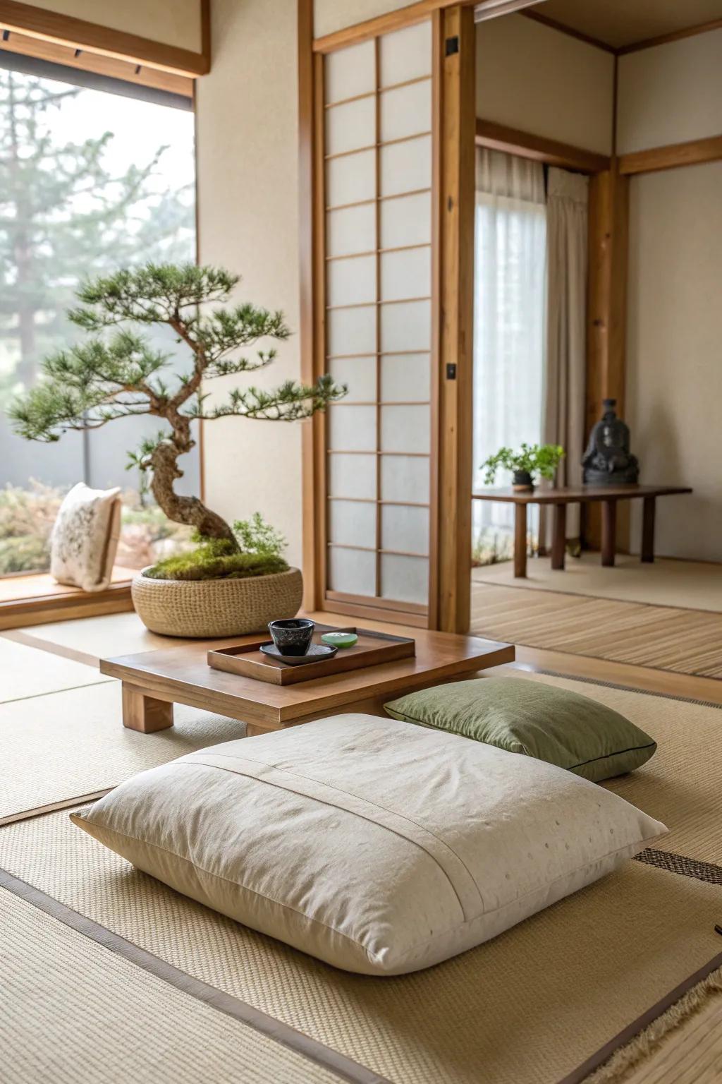 Find peace in a dedicated Zen corner for relaxation and mindfulness.
