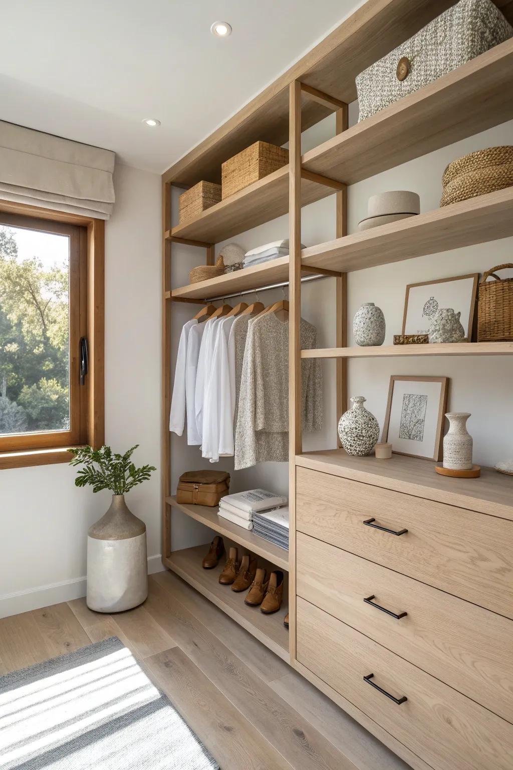 Floating shelves add a touch of elegance to your closet.