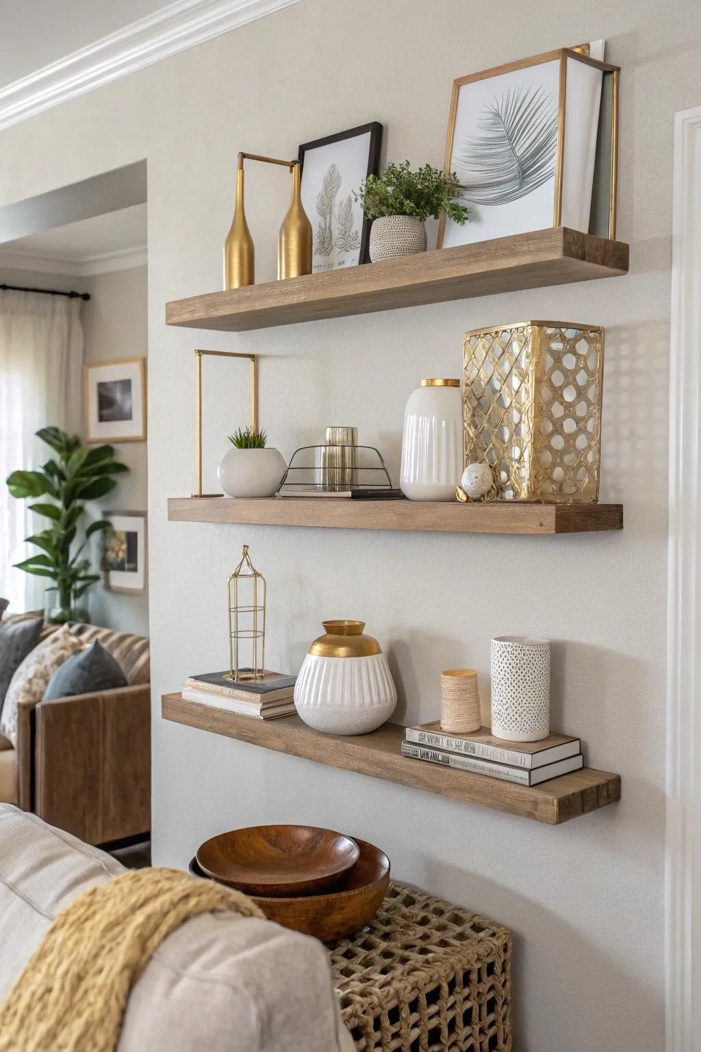 Floating shelves provide endless possibilities for creative displays in your living room.