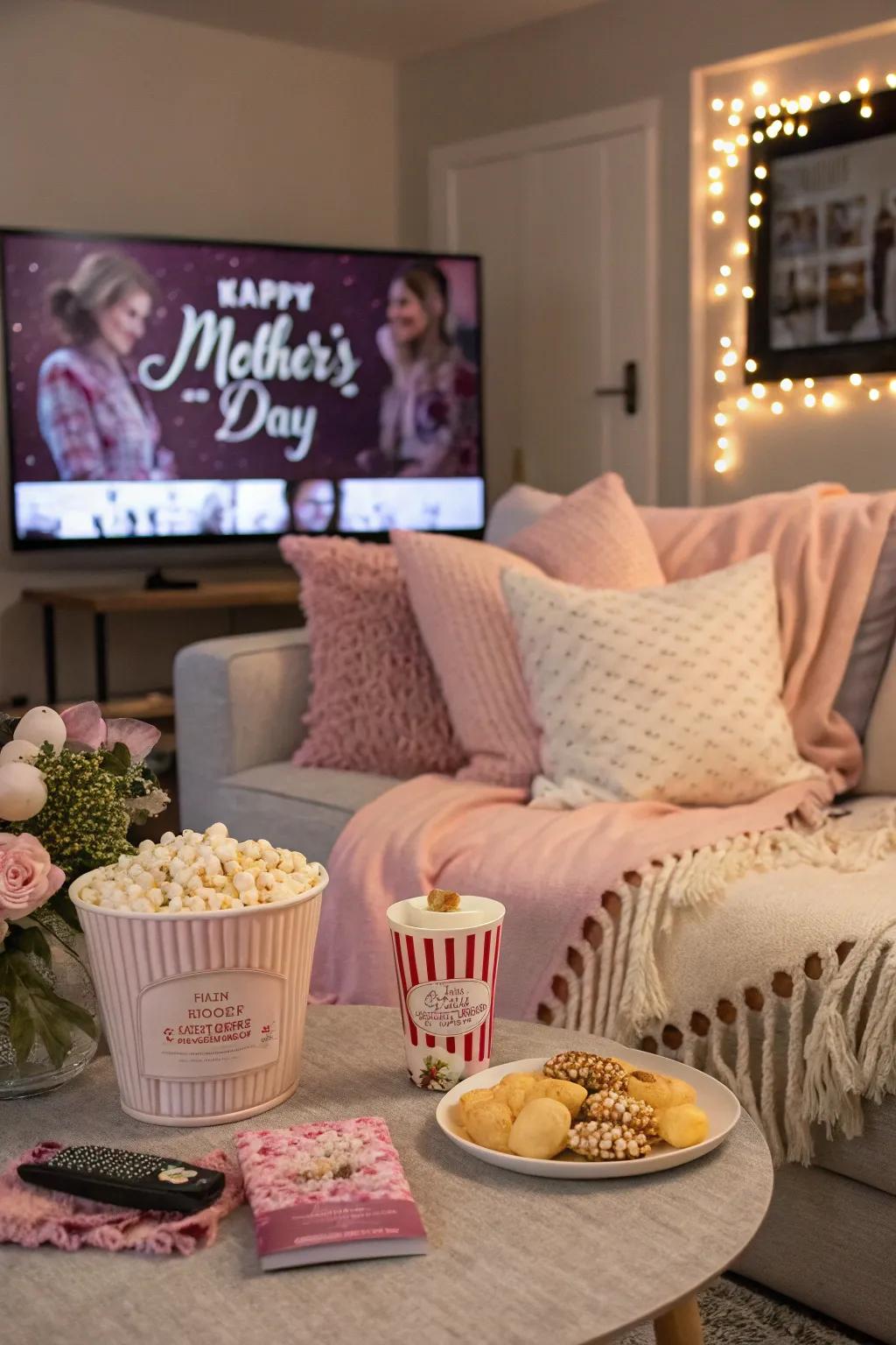 Snuggle up for a movie marathon with mom, complete with her favorite films and snacks.