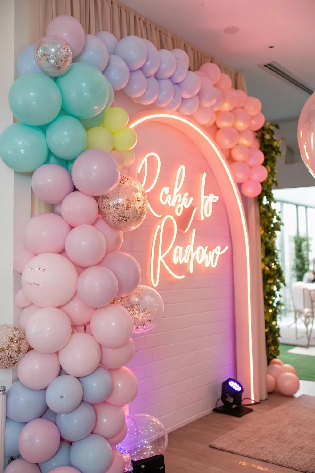 Balloons and neon light up the party with vibrant colors and playful vibes.