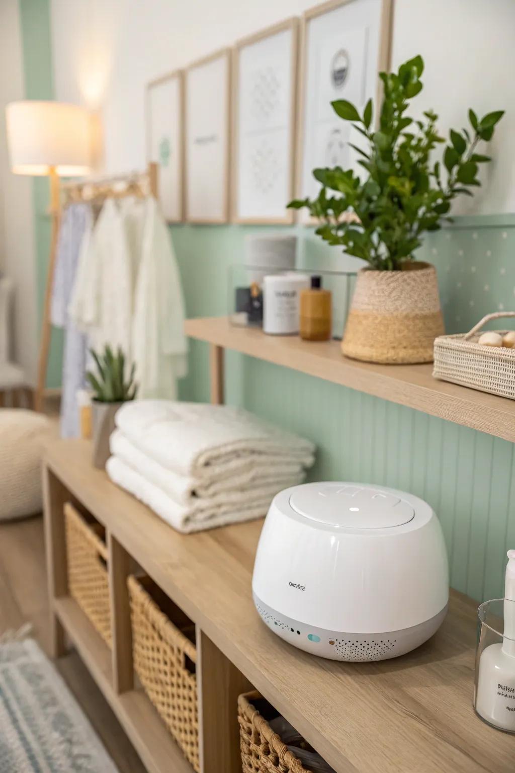 A gentle sound machine is the perfect addition for a tranquil, noise-free nursing room.