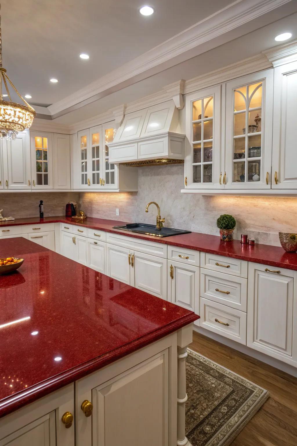 Indulge in luxury with scarlet and snow contrasts that elevate your kitchen to new heights of elegance.