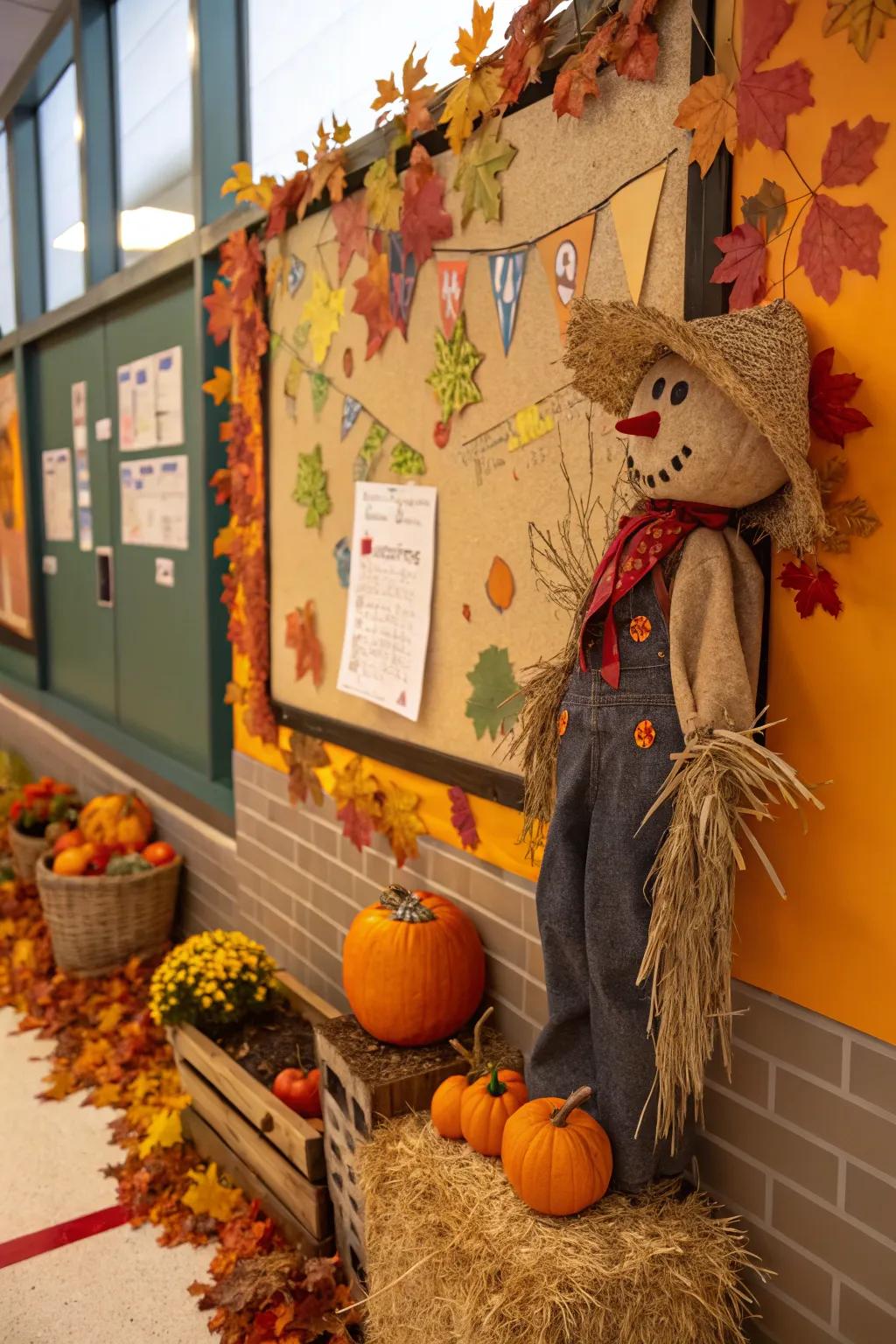 Interactive writing prompts invite creativity and engagement on your scarecrow bulletin board.