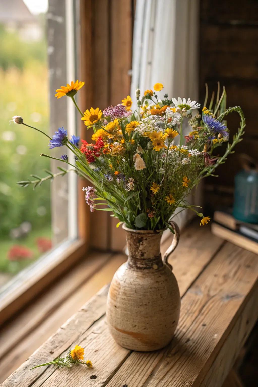 A rustic vase filled with wildflowers captures the carefree spirit of the outdoors.