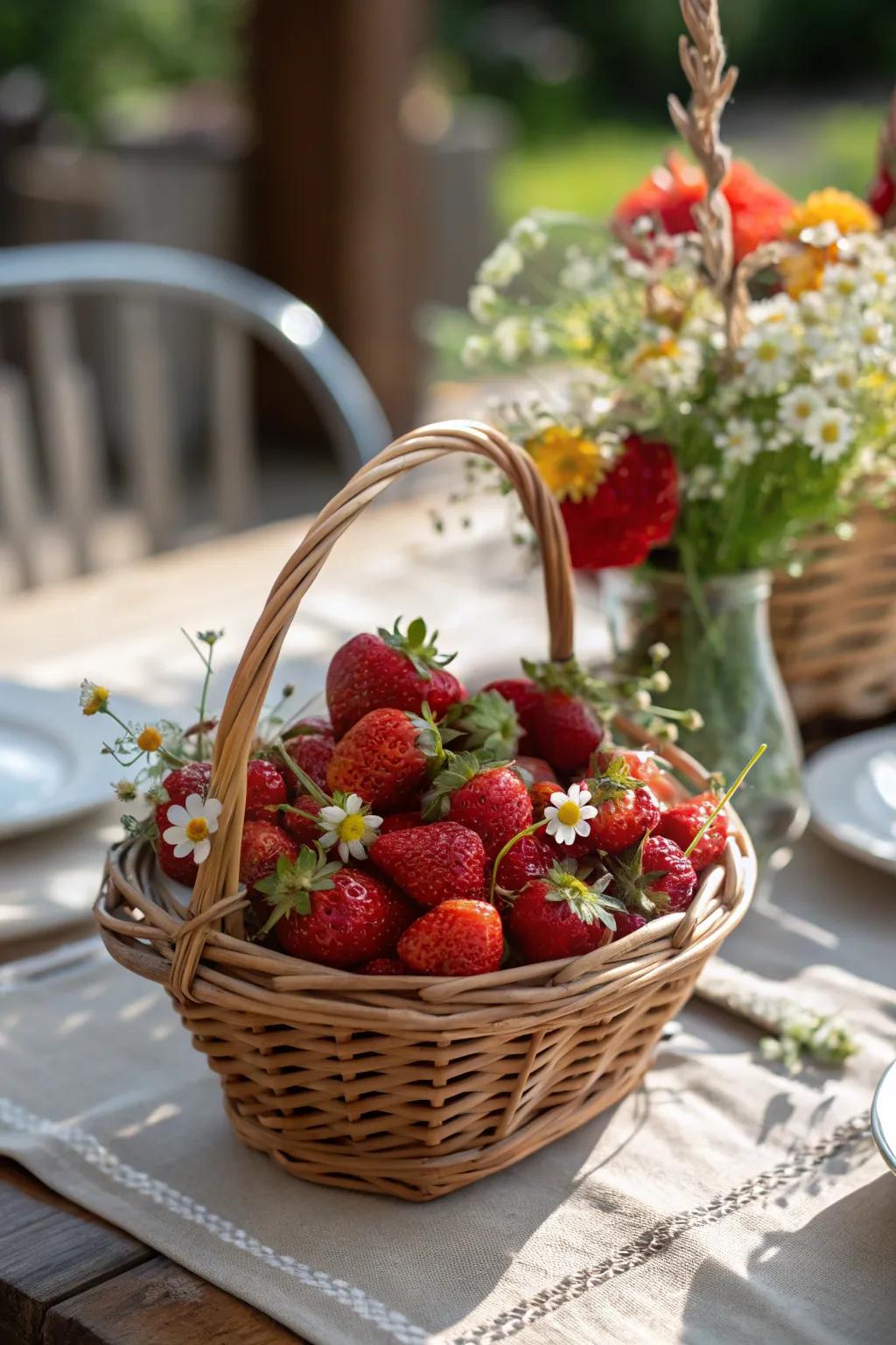 Embrace rustic charm with a vintage strawberry basket centerpiece.