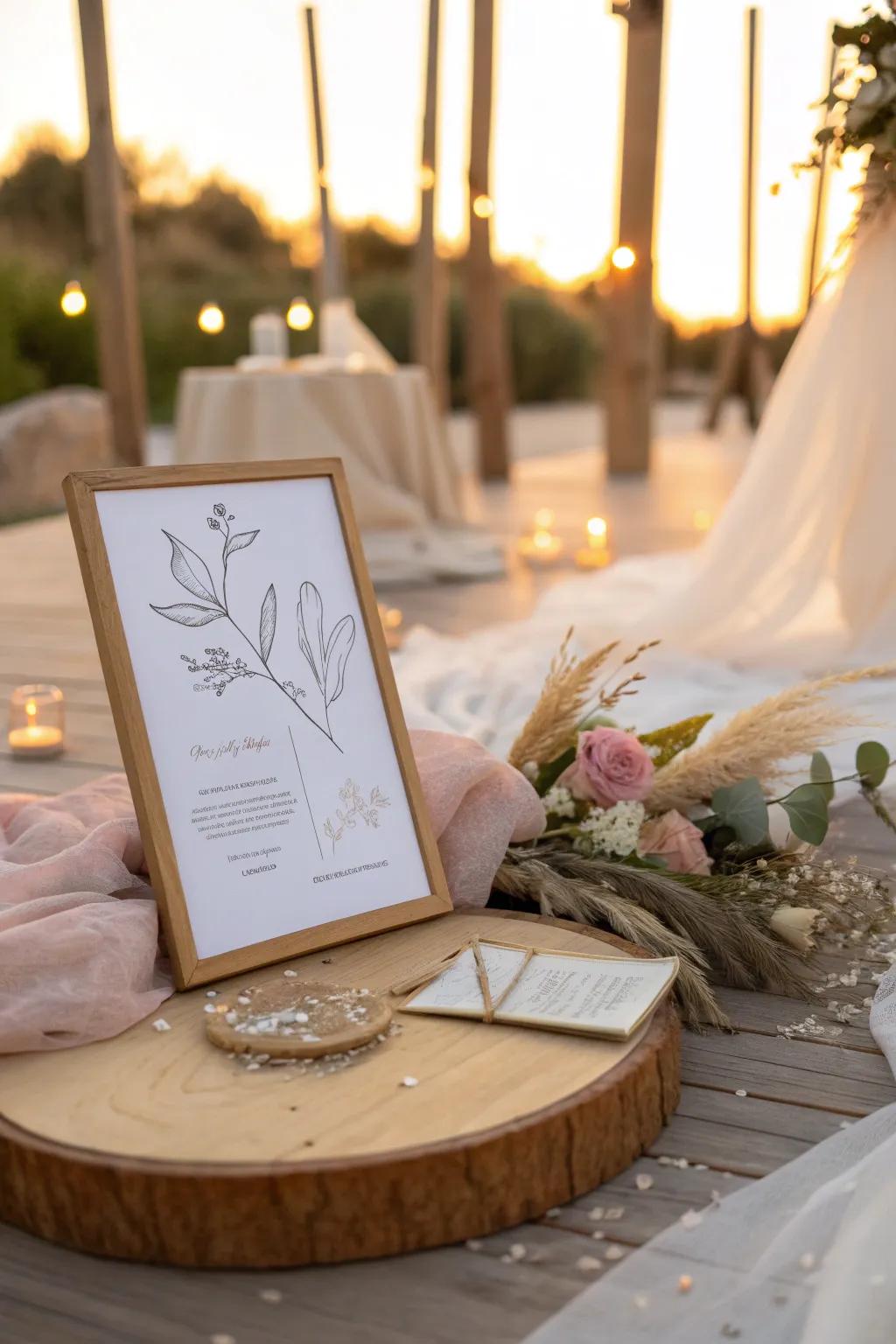 Capture the essence of your special day with an artistic line drawing plaque. #ArtisticDecor #WeddingArt