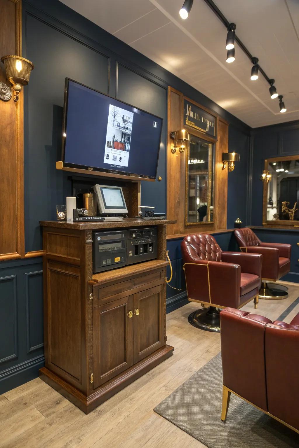 Keep clients engaged with tech stations that offer entertainment and modern flair.