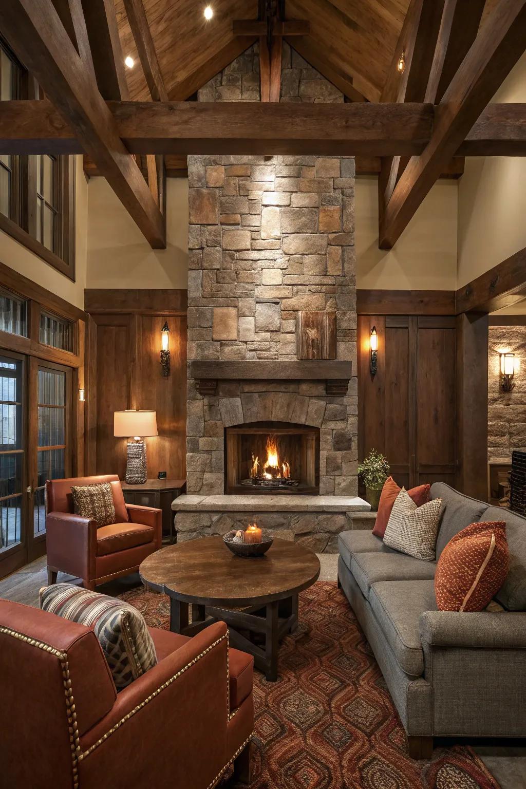 Create a cozy gathering spot with beams framing your fireplace.