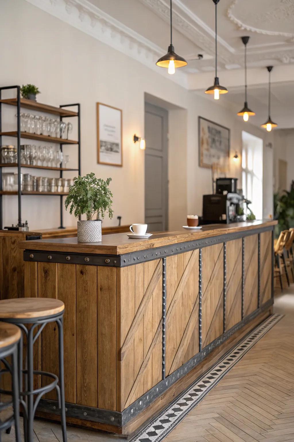 Combine wood and metal for a textured, modern coffee bar that captivates.