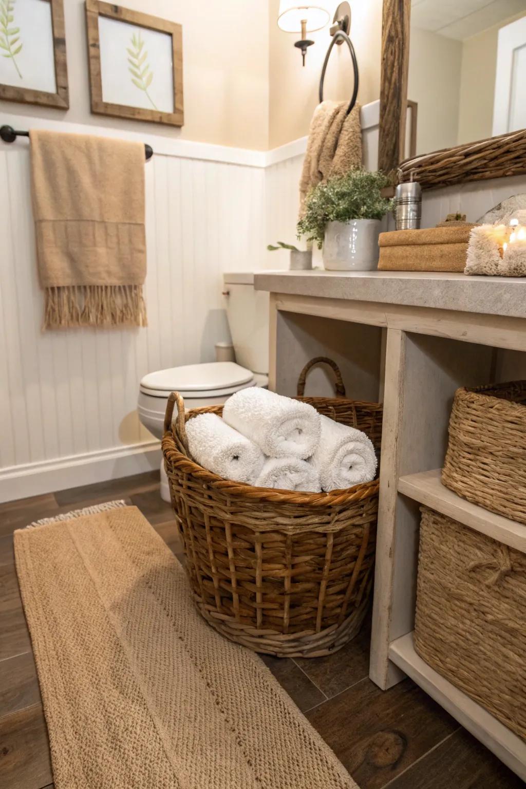 Textured accents enhance the cozy, inviting feel of a farmhouse bathroom.