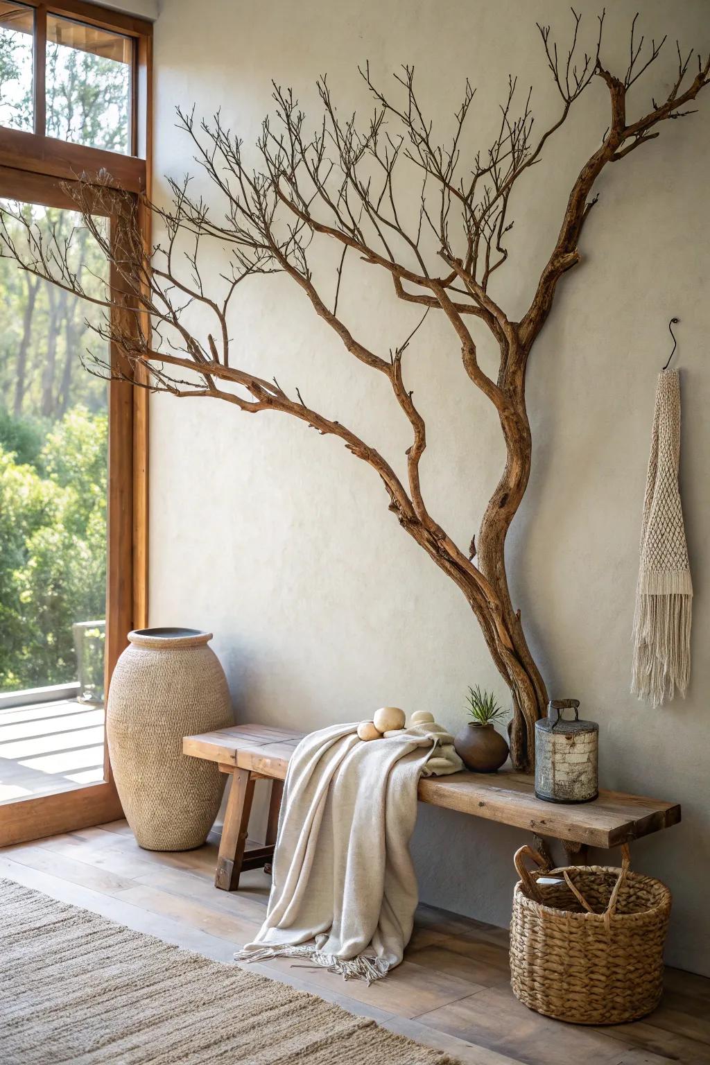 Tree branches and bark add a rustic, natural touch to your decor.