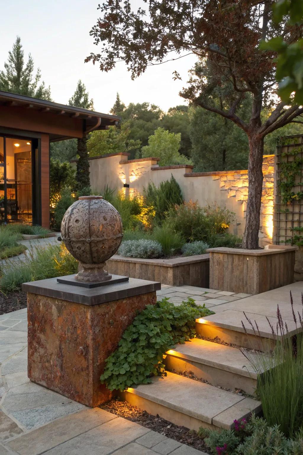 Add a touch of personality with an artistic outdoor sculpture near your foundation.
