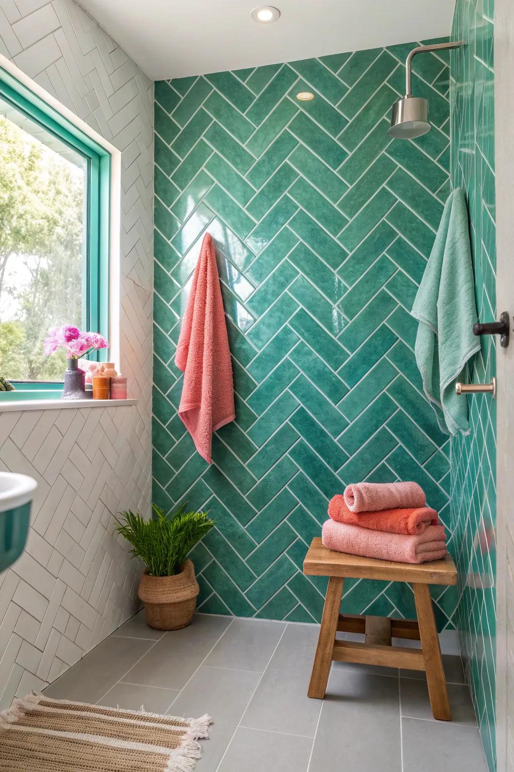 Evoke the breezy charm of the coast with soothing green herringbone tiles.