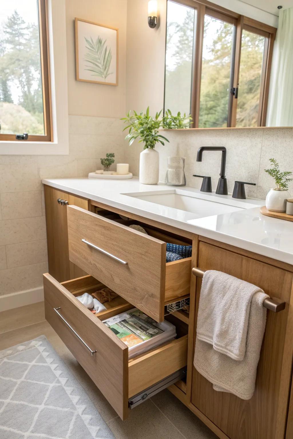 Hidden slots under drawers offer a discreet storage solution for a tidy bathroom.