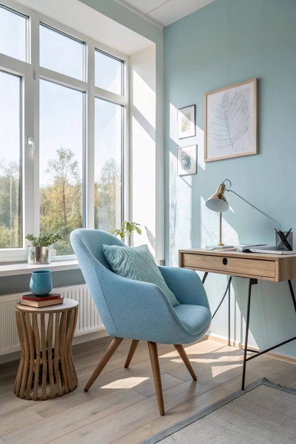 Accent pieces in light blue blend seamlessly with the ambiance.