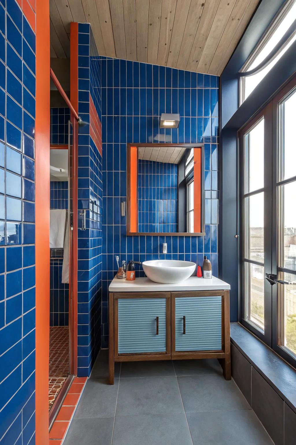 A mix of tile patterns adds depth and intrigue. #TileDesign #BathroomInspiration