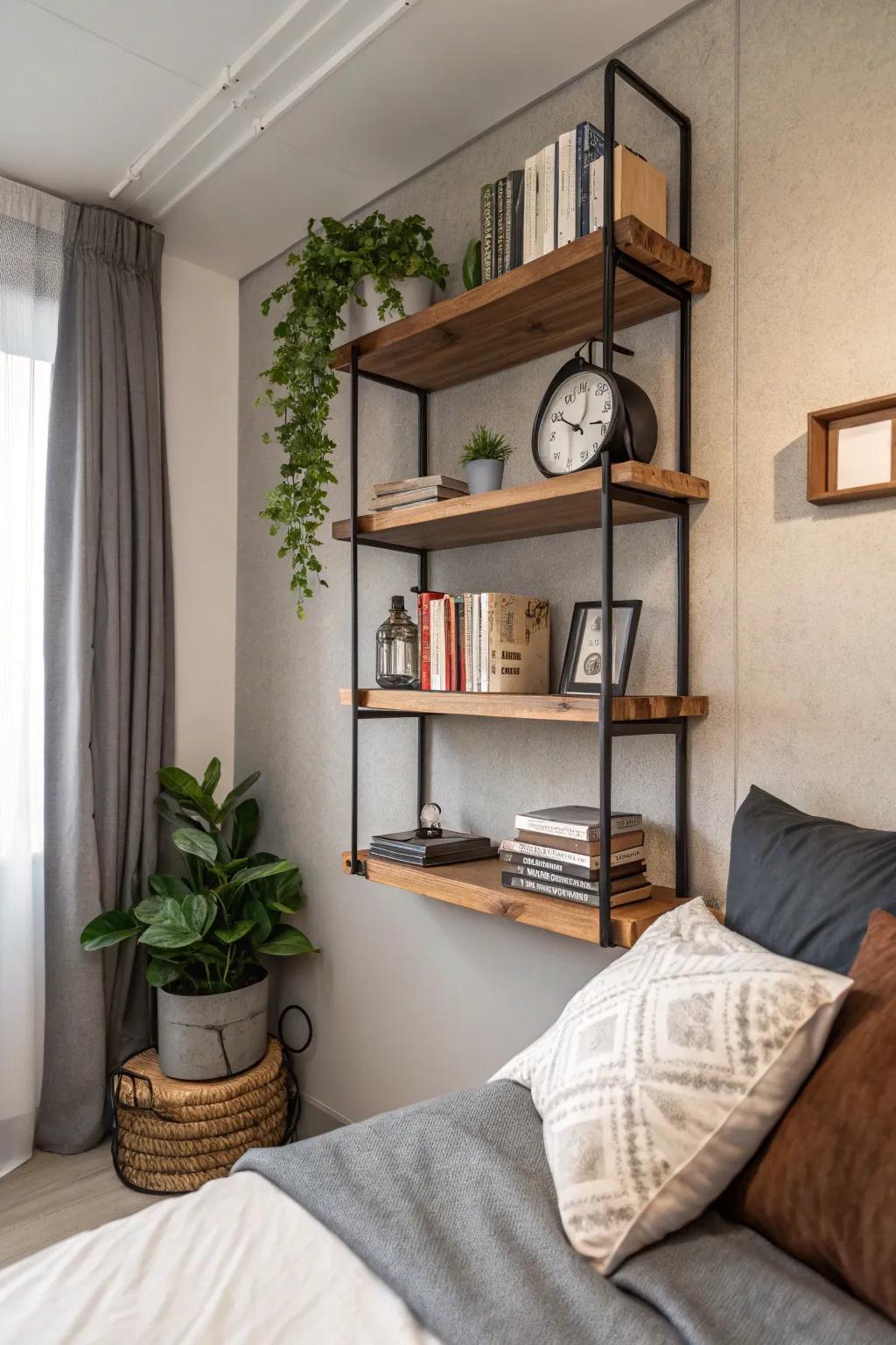 Wall-mounted storage is a stylish solution for keeping essentials within reach. 🛏️ #StorageSolutions #DormRoomIdeas