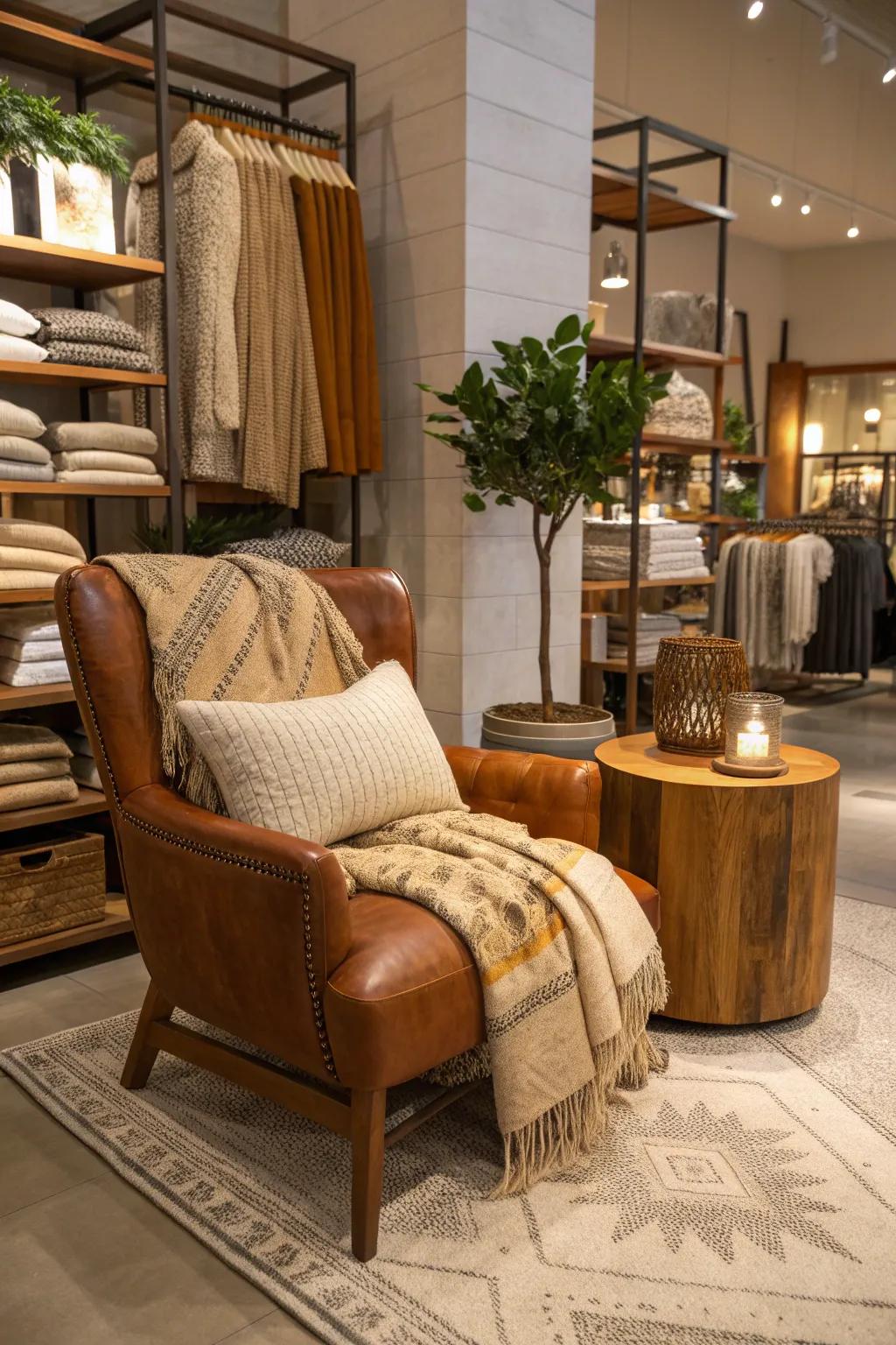 Invite relaxation with a cozy seating area that encourages customers to linger.