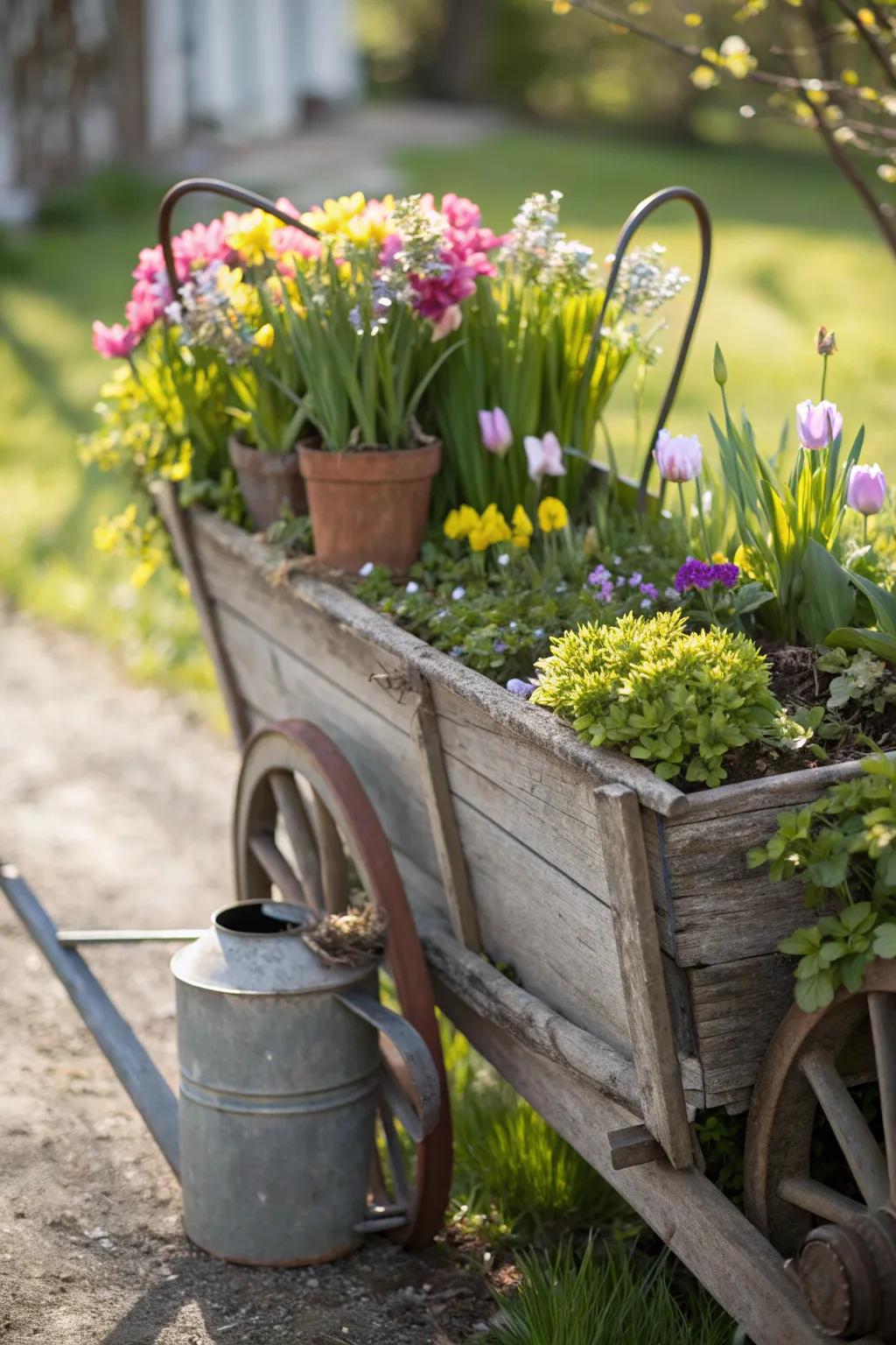 Welcome spring with a wagon that bursts with floral beauty. 🌼 #SpringDecor #GardenInspiration