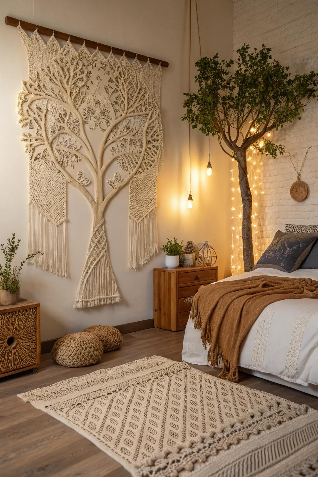 Bring a boho vibe to your space with a macramé wall tree that adds texture and style.
