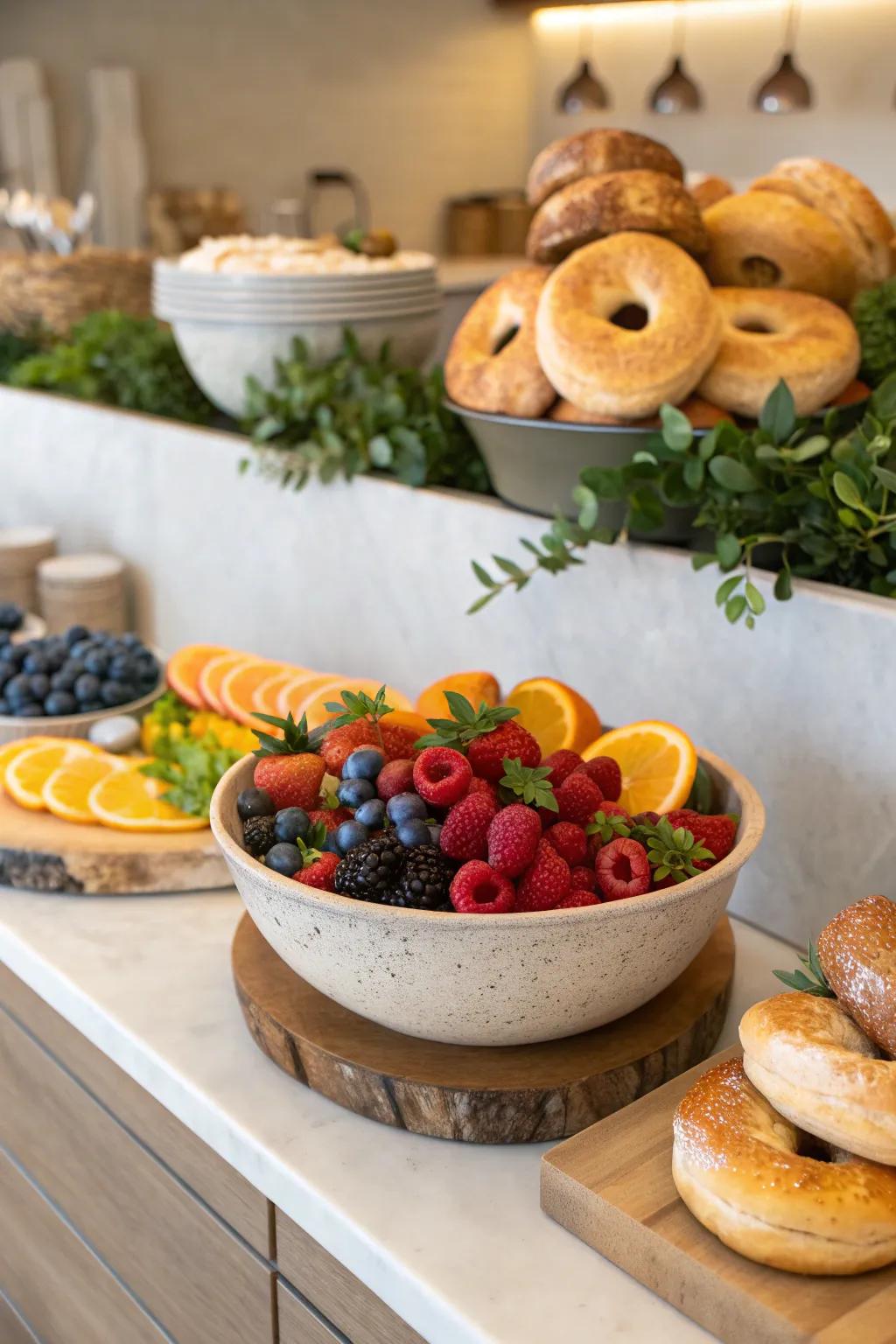 Seasonal fruits provide a refreshing burst of flavor and vibrant color to your bagel bar. 🍊🍇 #SeasonalEating #FruitLovers #EntertainingIdeas