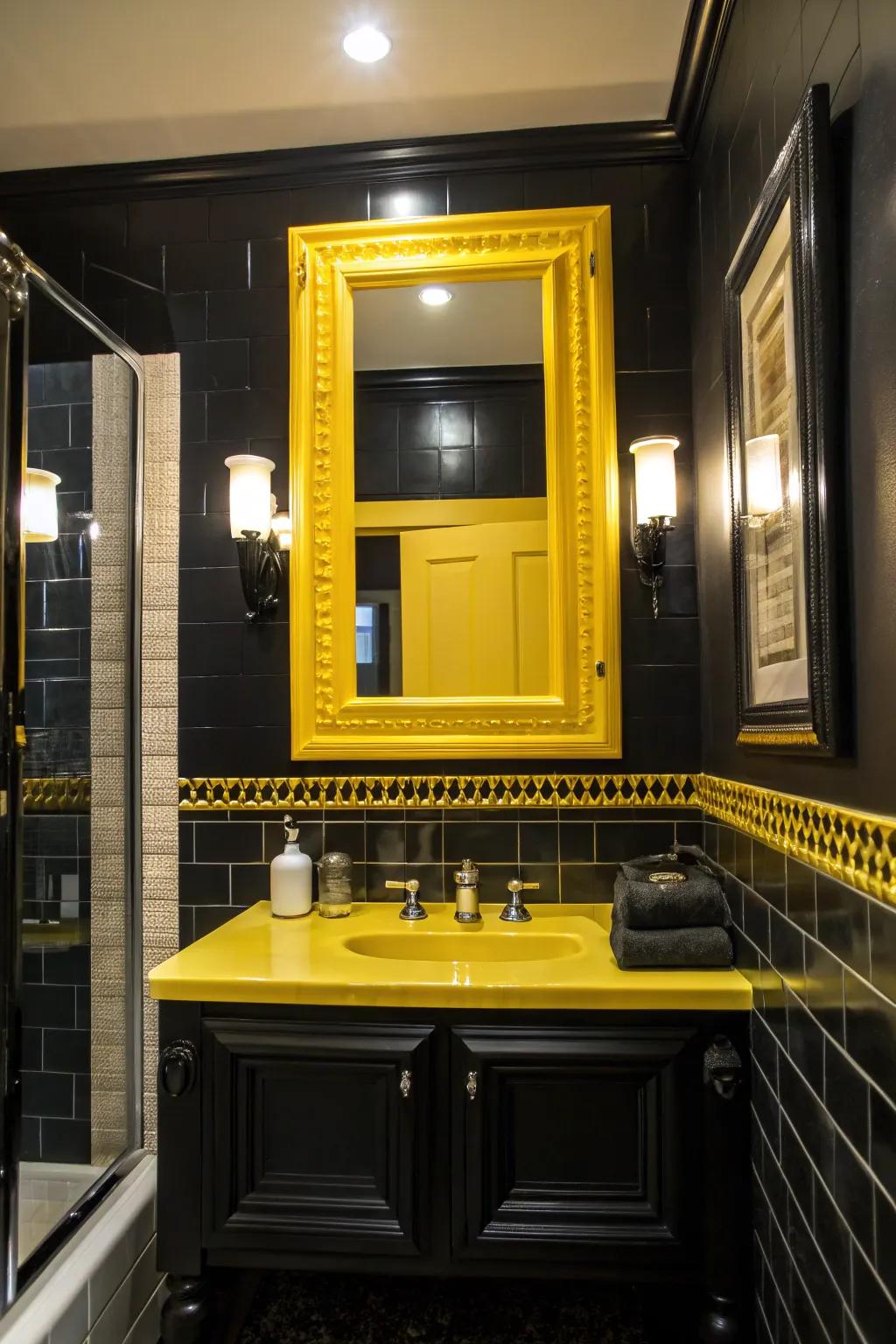 A yellow-framed mirror draws the eye and ties the room together, making a cohesive statement. #MirrorMagic #BathroomStyle