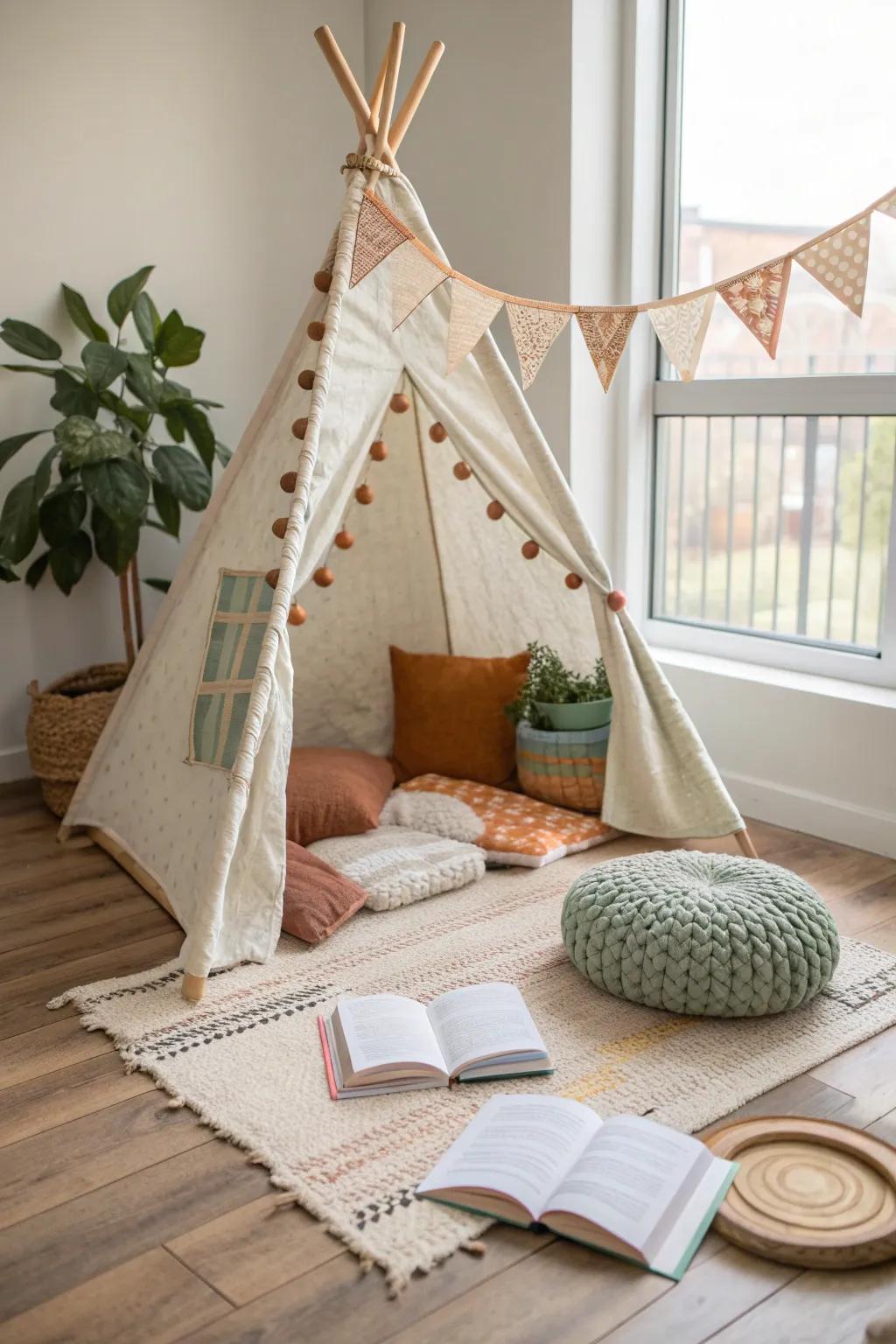 Create a magical reading teepee that invites students into a world of stories. 📚 #ReadingNook #BohoMagic #ClassroomFun