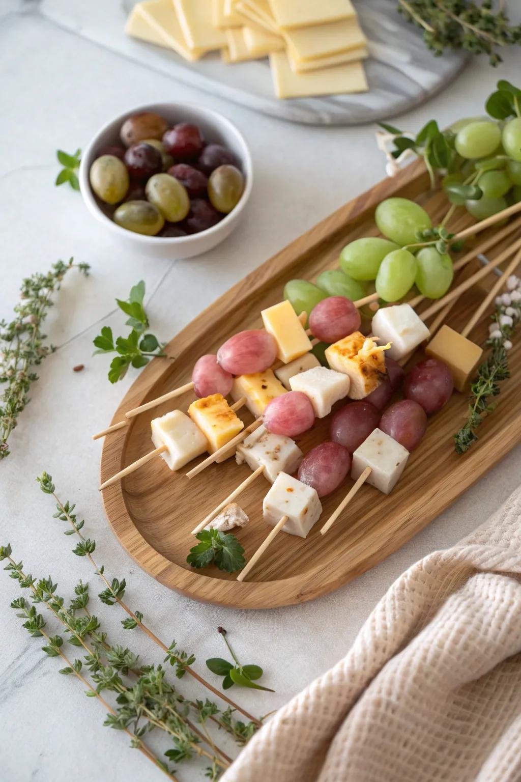 Discover the perfect balance of flavors with these sweet and savory skewers. 🍇🧀 #SkewerIdeas #EasterSnacks
