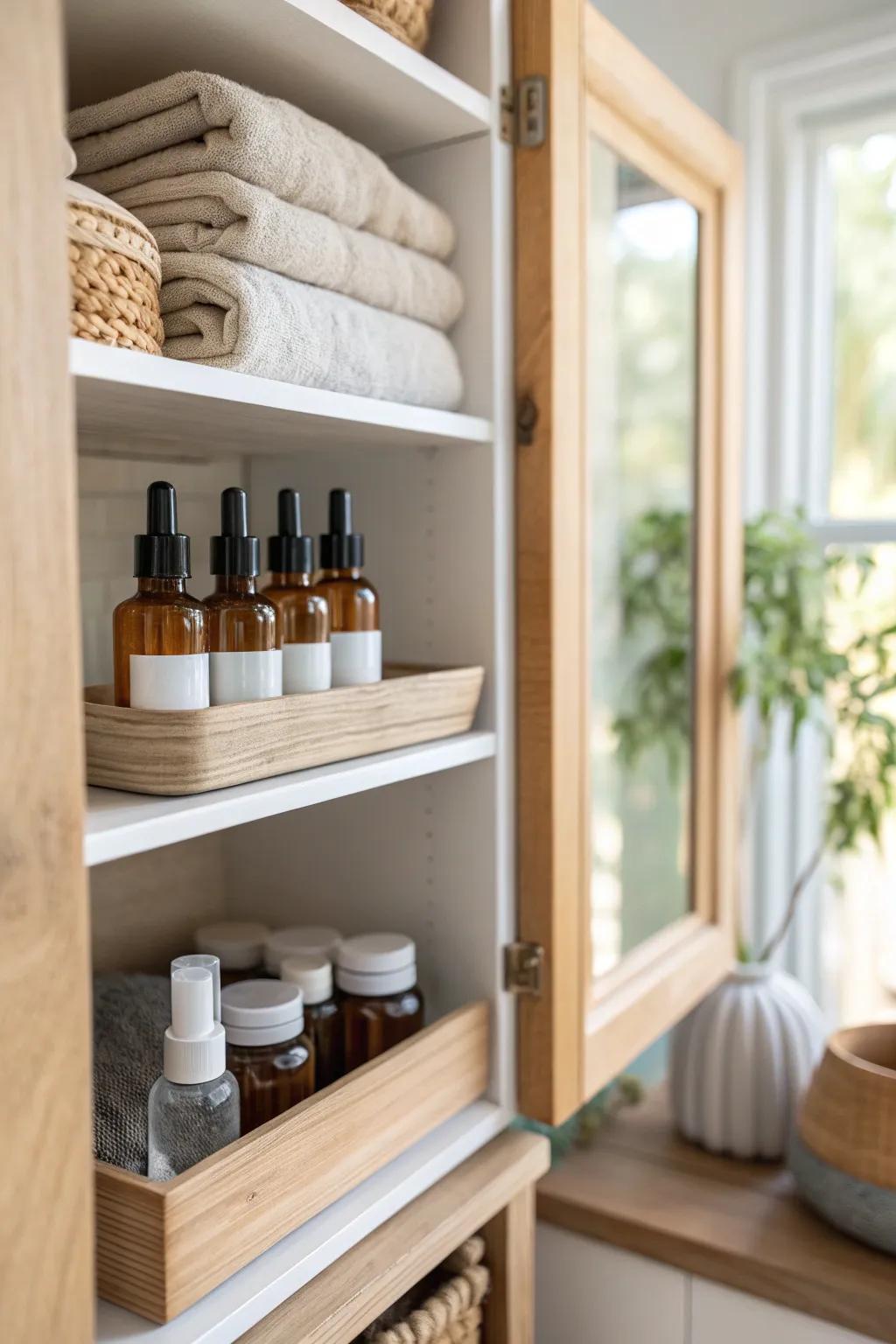 Keep it chic and discreet with hidden cabinet shelves.