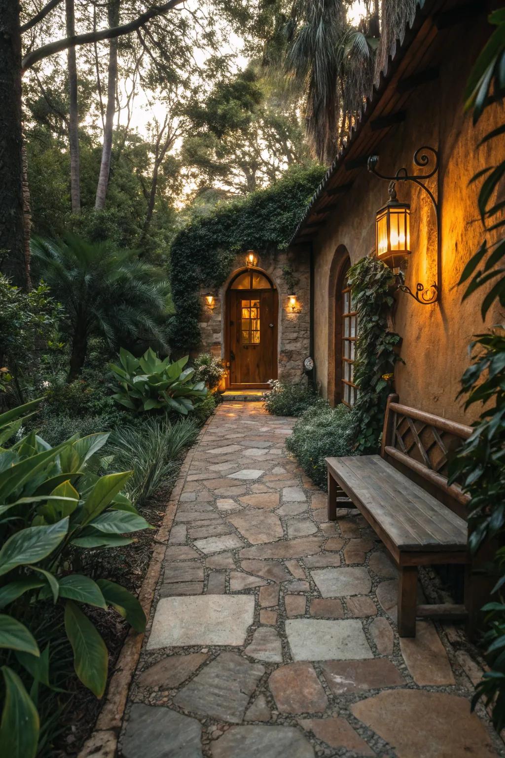 Create a charming entrance with a rustic stone pathway that complements your foundation. 🏡 #RusticCharm #StonePathway