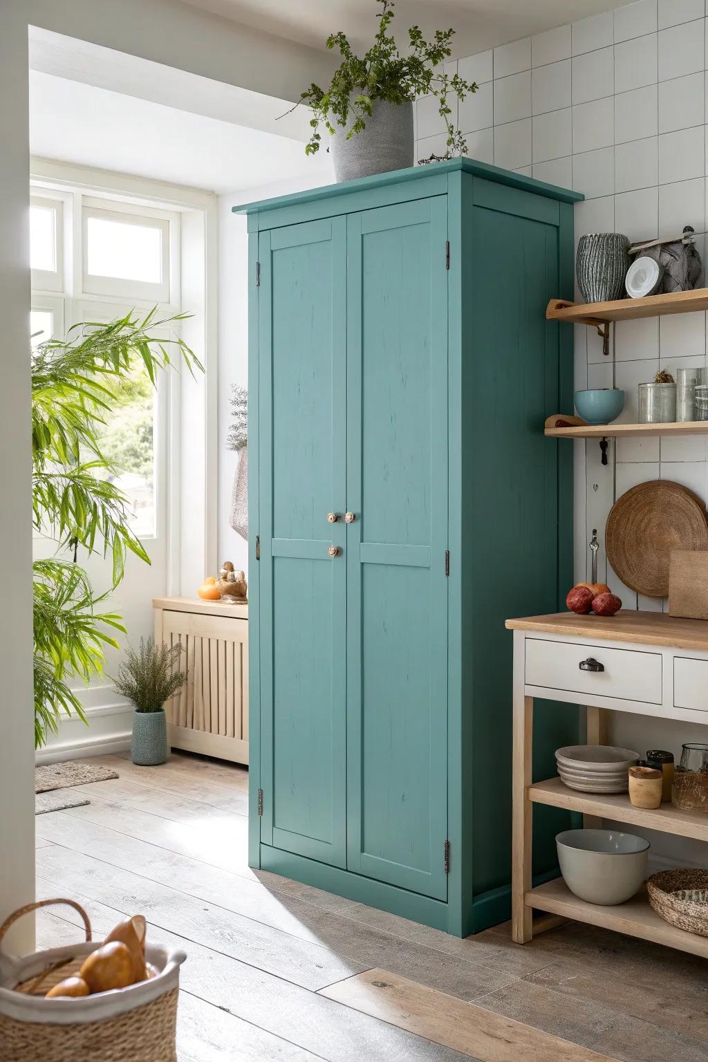 Make a bold statement with a colorful pantry cabinet that enlivens your kitchen. #ColorfulHome #BoldDesign 🎨