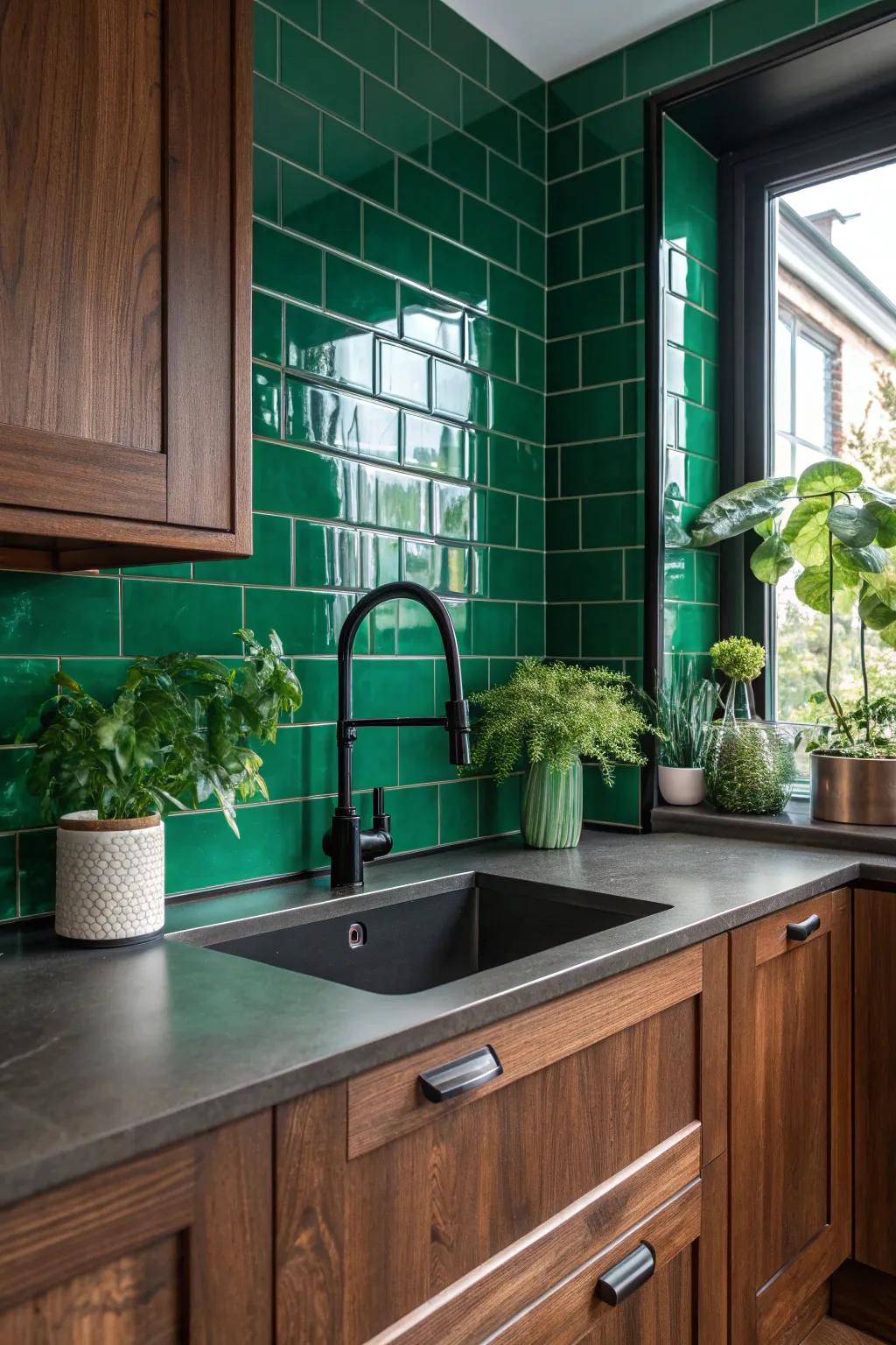 Create striking contrast with dark accents in your green and wood kitchen. 🖤🌿 #HomeInspiration