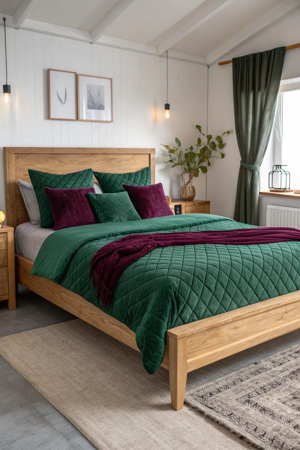 Jewel tones add luxury to the green comforter, creating an opulent bedroom. 💎🌿 #LuxuryLiving #ColorInspiration