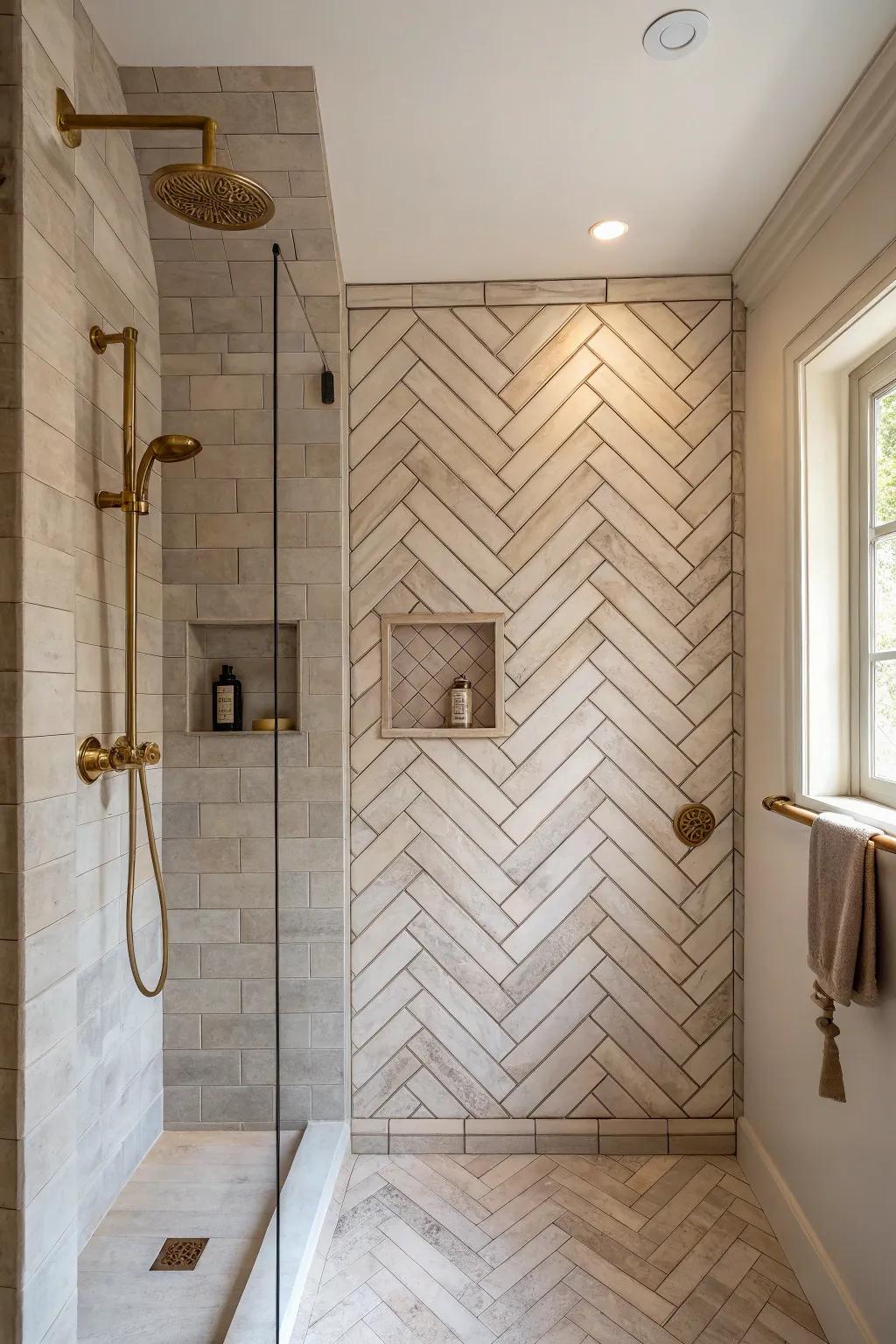 Add drama to your shower design with a captivating double-herringbone pattern. 🎭✨ #DramaticDesign #TileInspo #HomeDecor