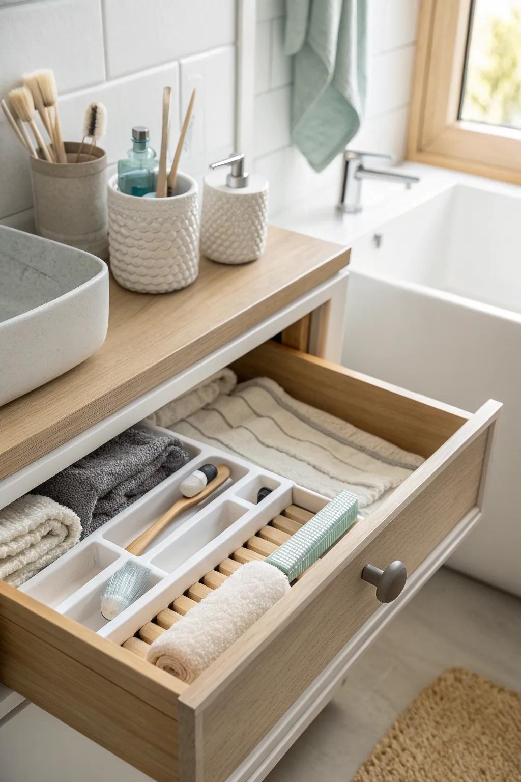 Pull-out trays provide convenient and concealed storage in your bathroom.