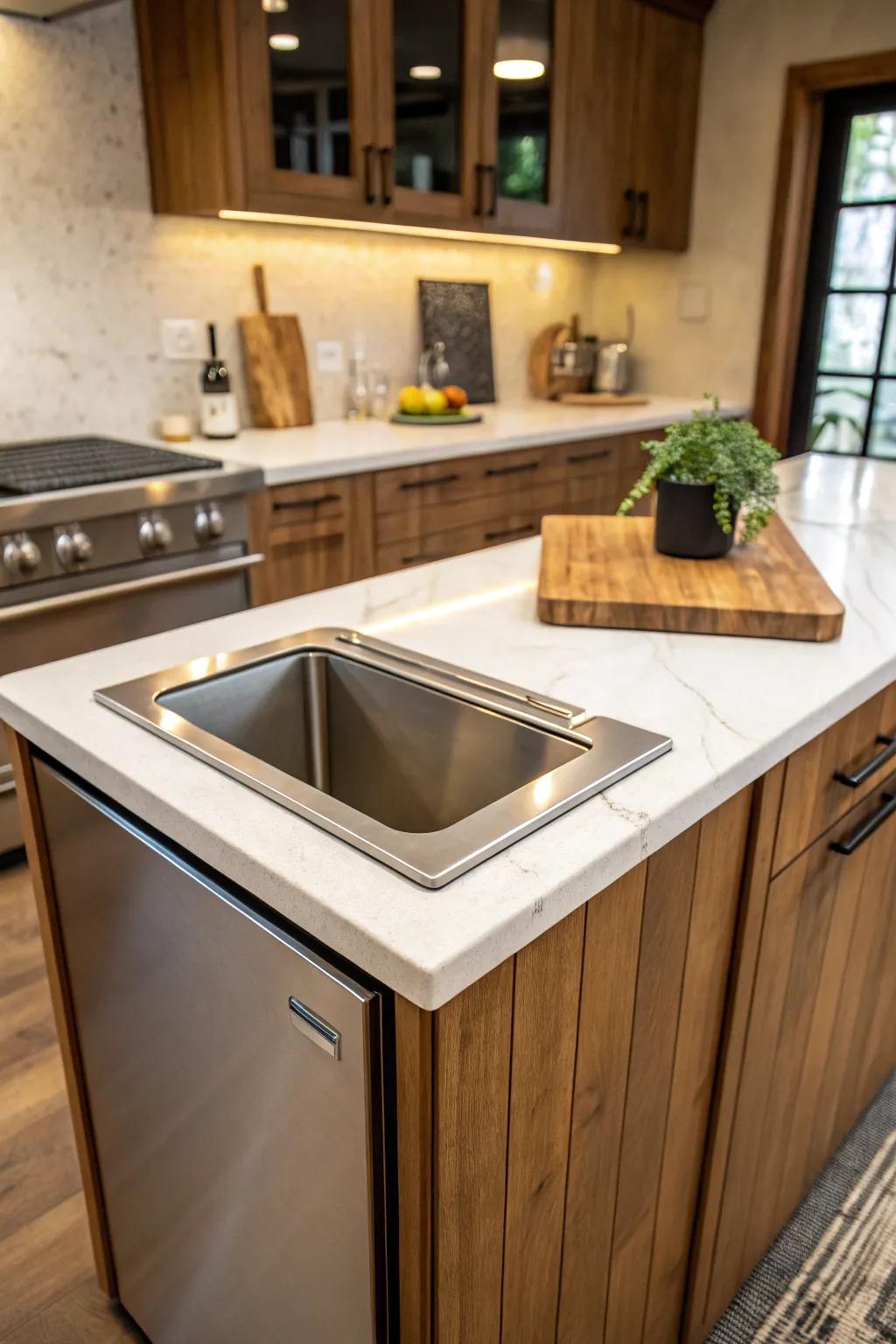 🔄 A countertop chute provides sleek waste disposal without the clutter. #SmartDesign #KitchenInnovation #HomeStyle