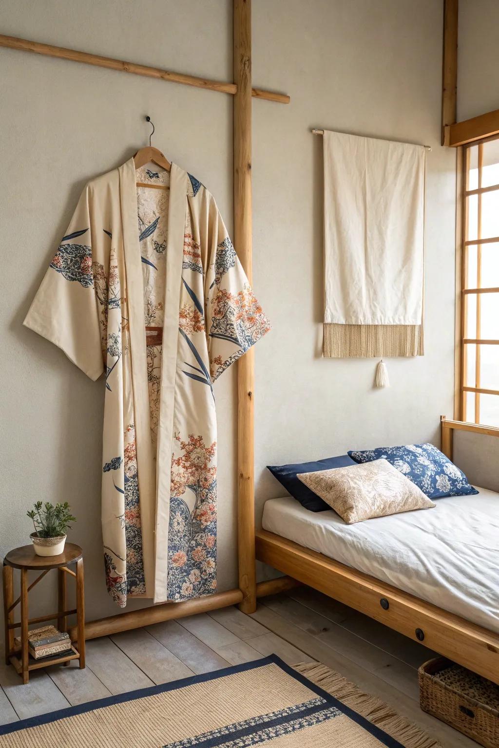 Transform your room with a kimono display that adds cultural flair. #CulturalDecor #UniqueIdeas #HomeStyling