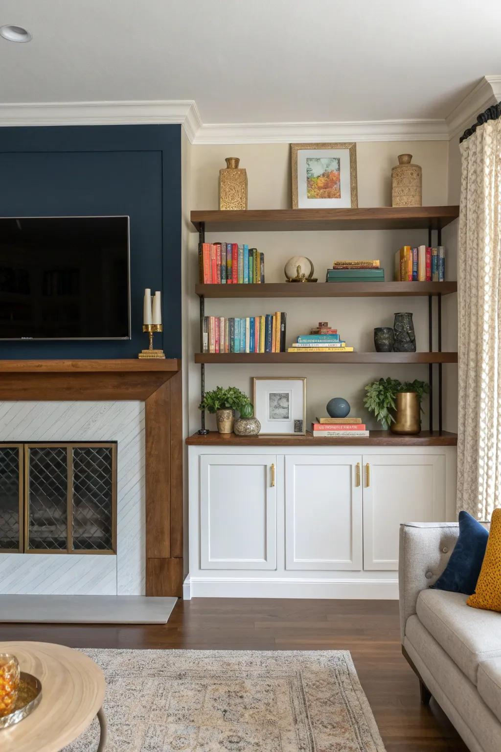 Add a pop of contrast with a stylish shelf that highlights your decor choices.