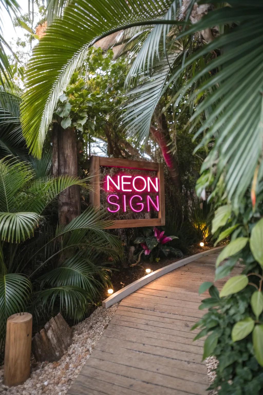 Escape to your own tropical oasis with neon lights and lush greenery.