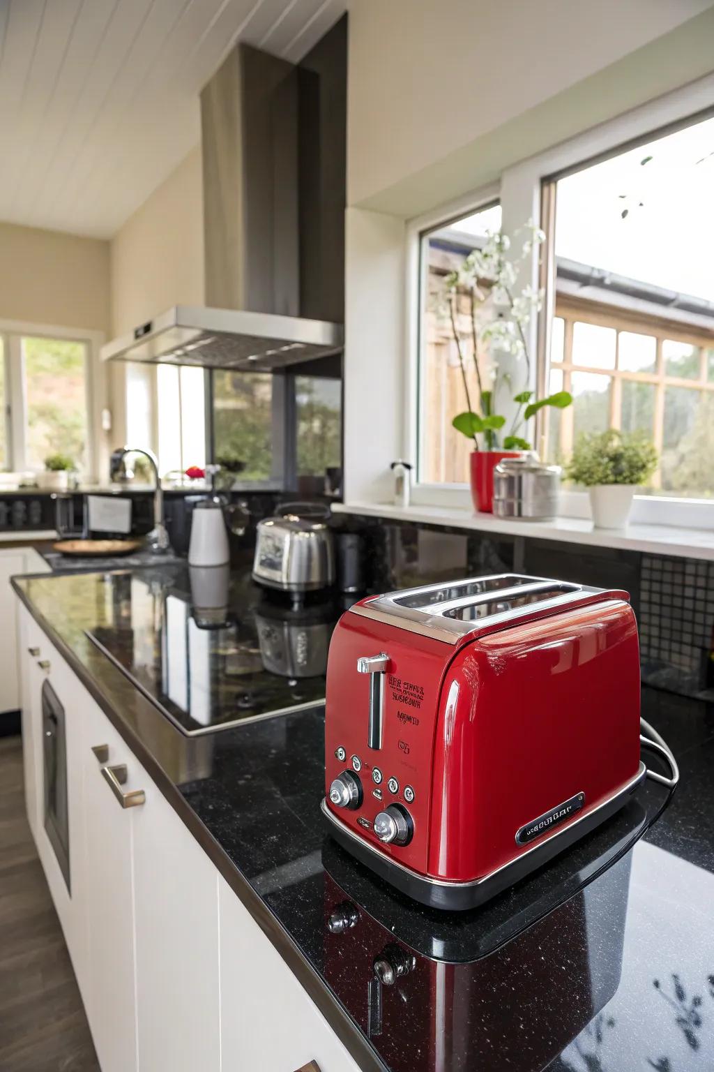 Enhance your kitchen’s brightness with subtle red accents that add charm and personality.